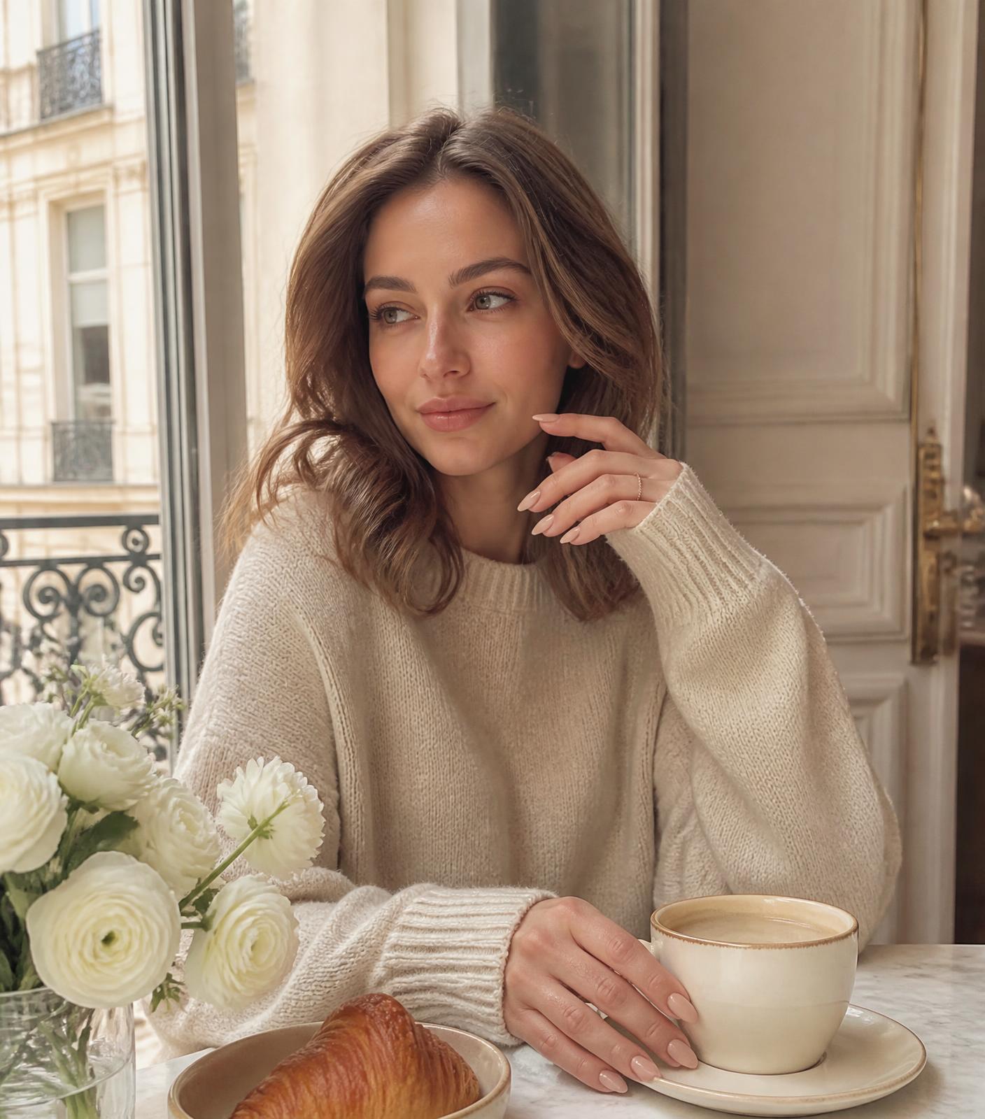 Femme en pull crème attablée près d'une fenêtre, manucure nude ÉLI NAIL