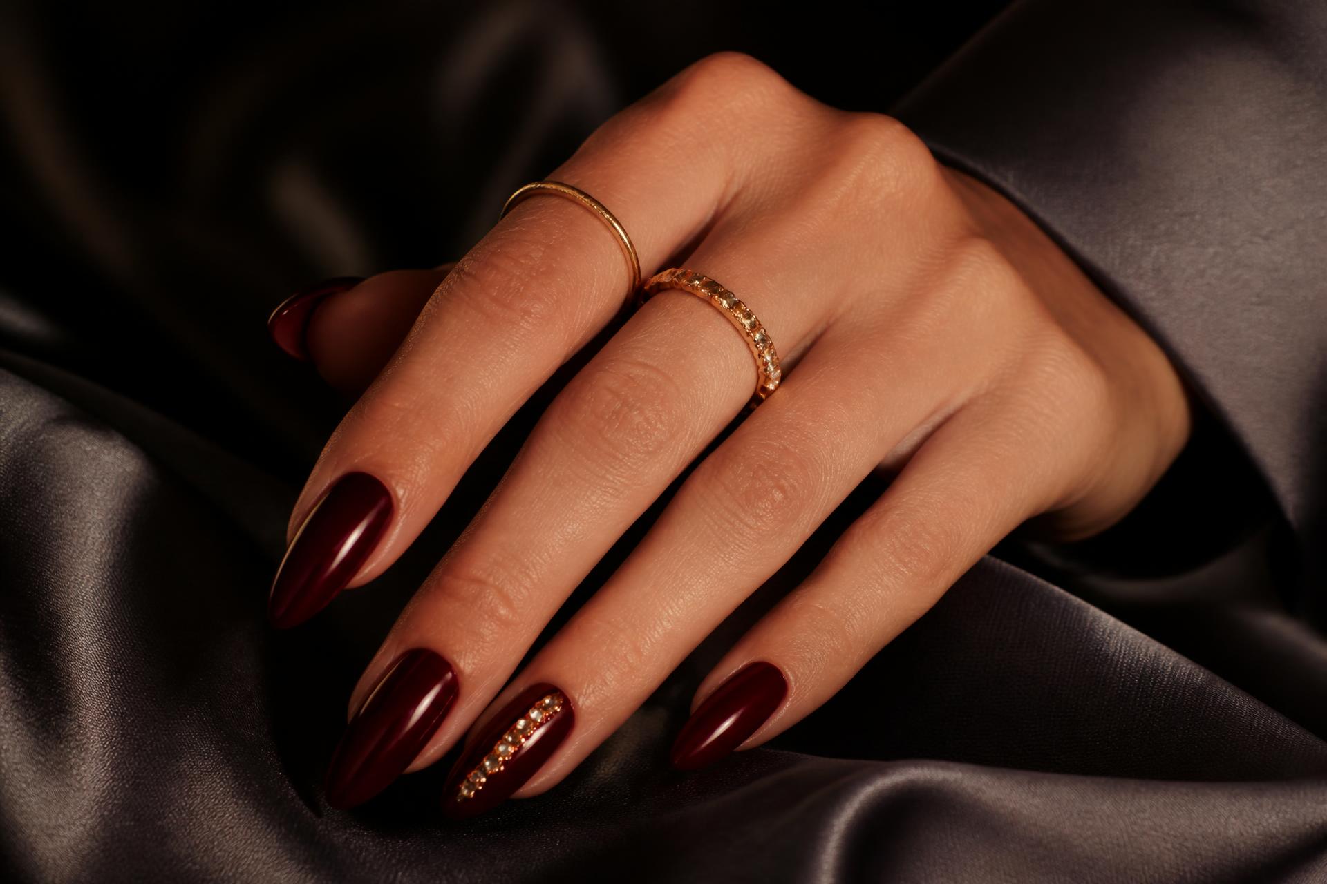 Main aux ongles bordeaux ornés de gemmes dorées, posée sur une soie sombre